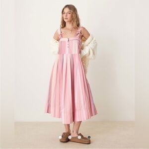 Free People Primavera Striped Drop Waist Sun Dress in Pink Strawberry Combo